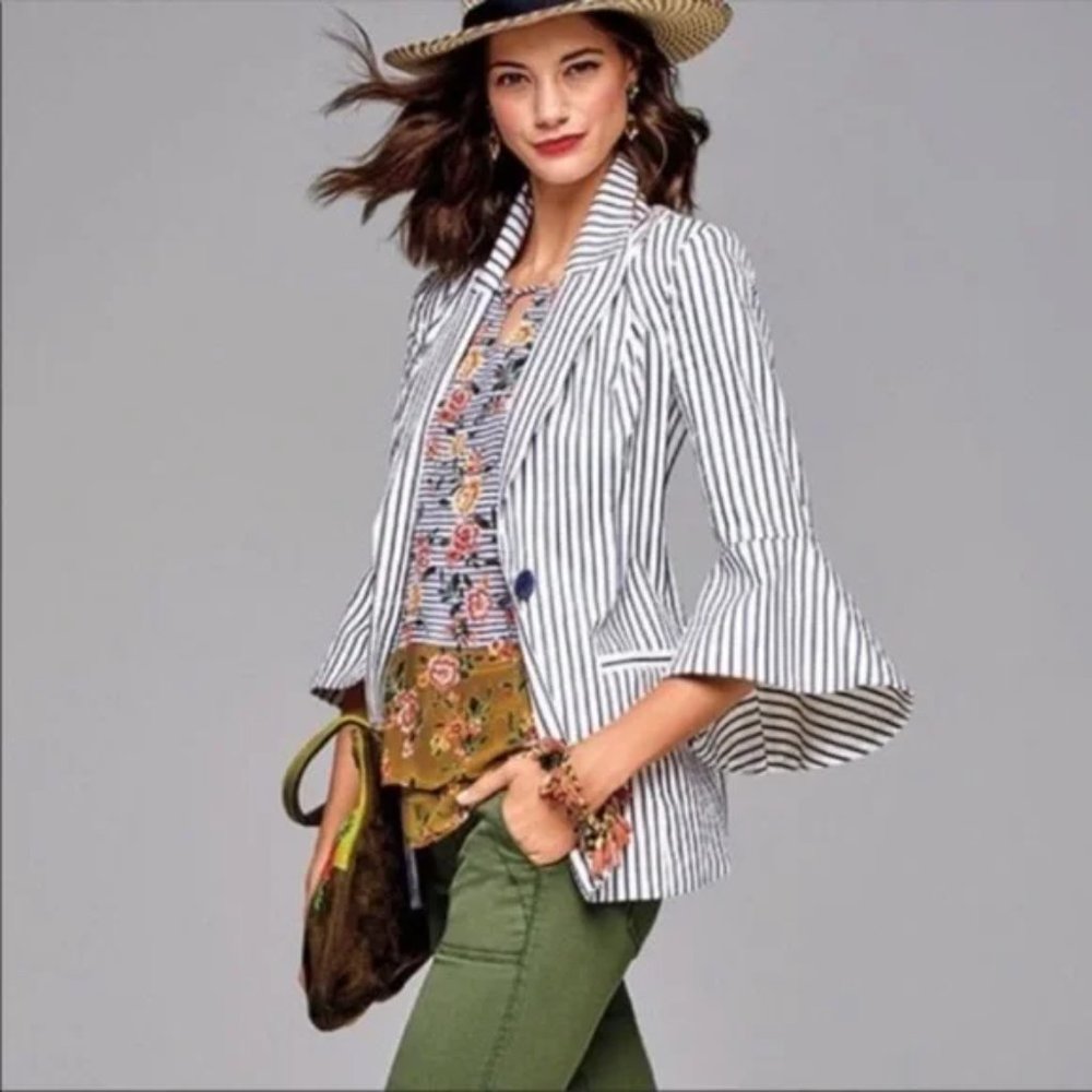 CAbi Ticking Striped Bell Sleeve Blazer Jacket Size 4